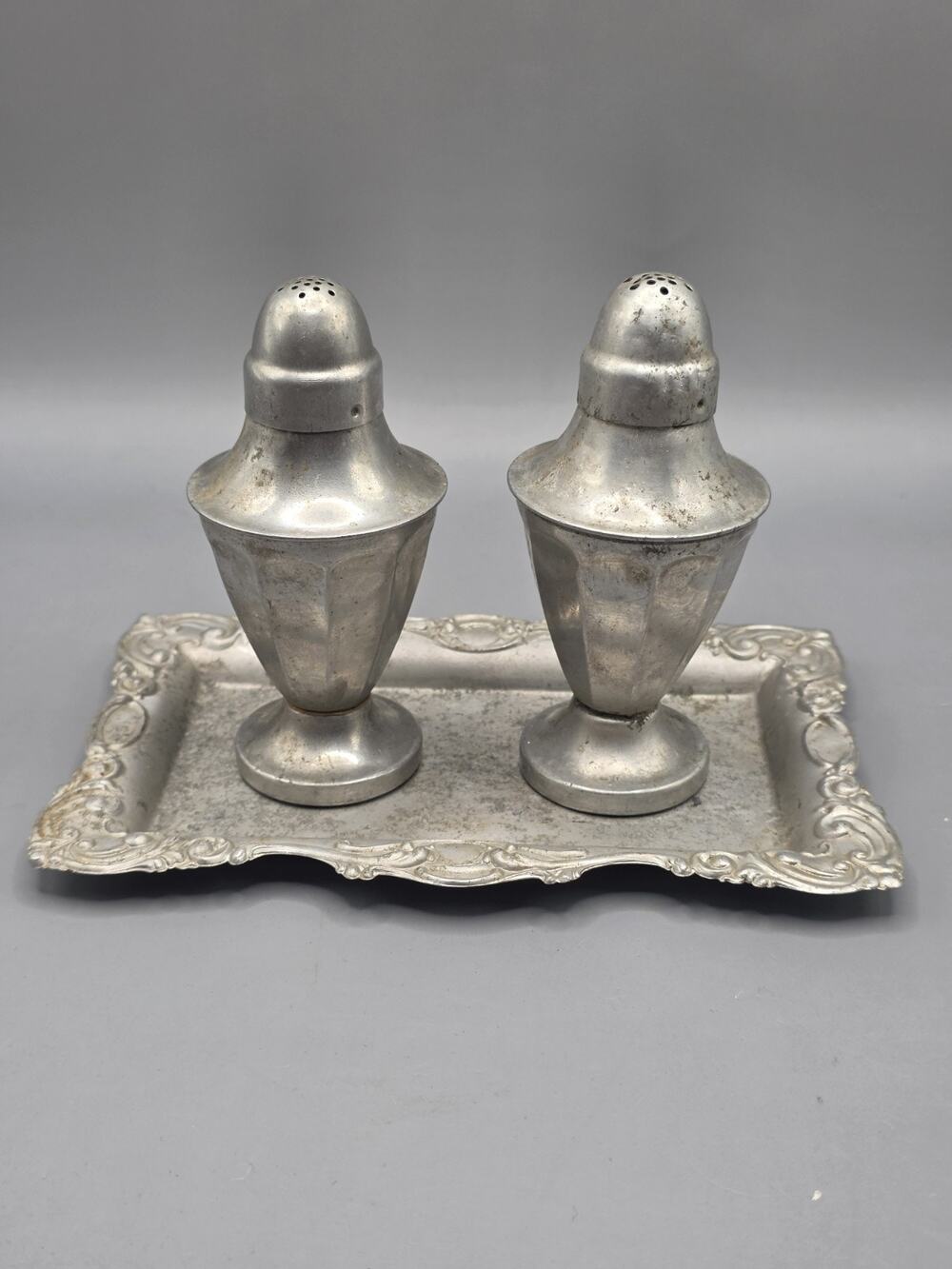 Vintage Pewter Salt Pepper Shakers Set With Matching Ornate Embossed Scroll Tray